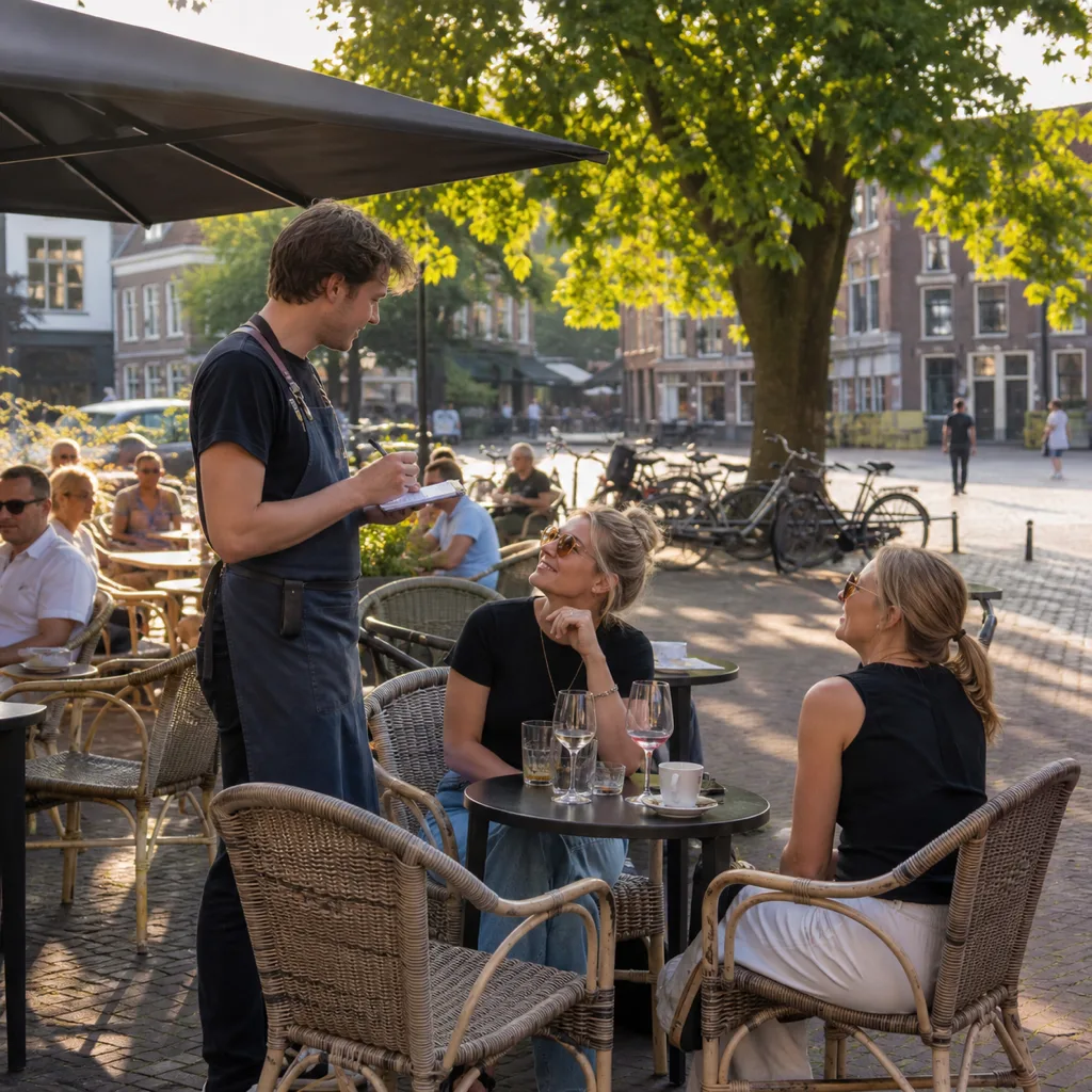 Een ober neemt de bestelling op op een zonnig terras